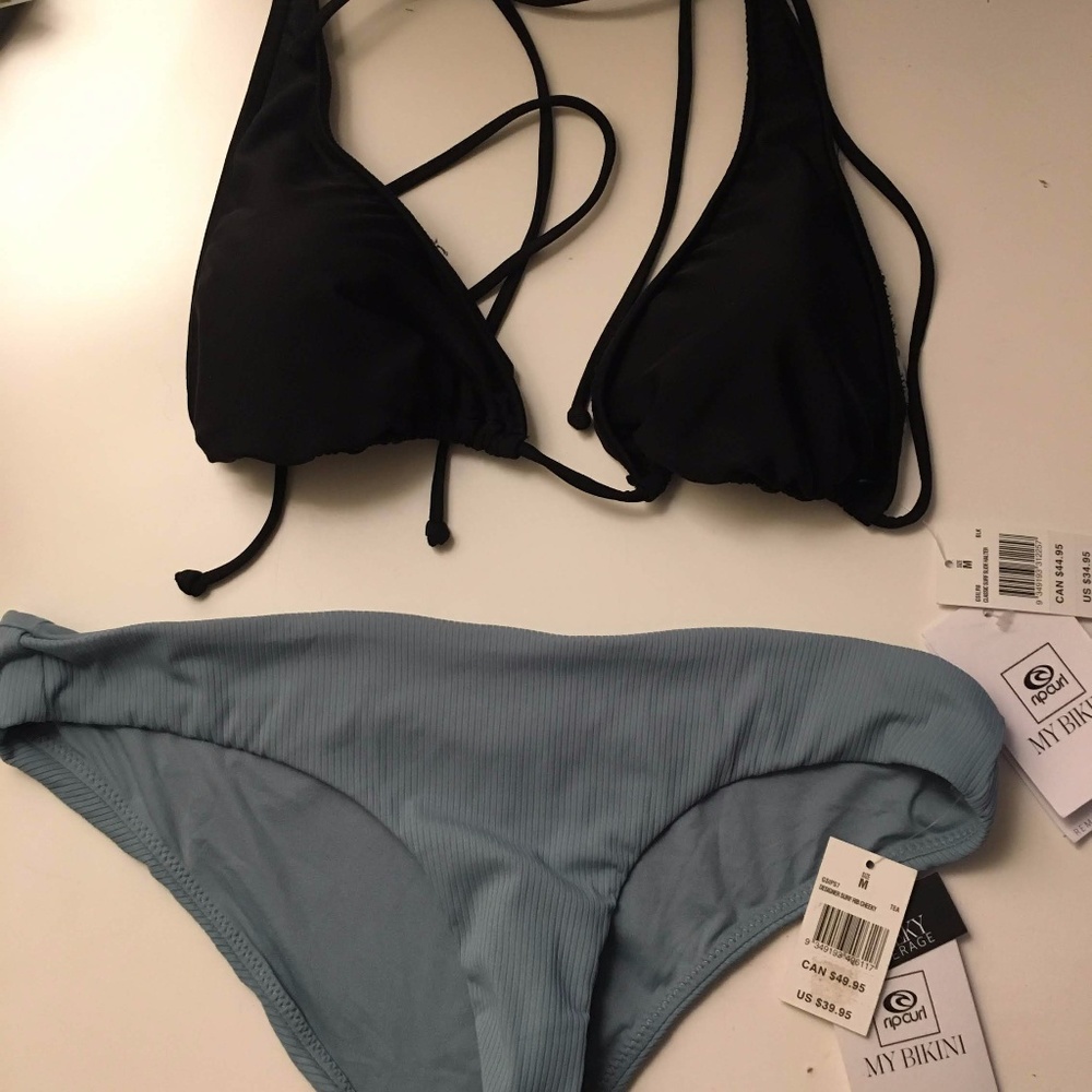 RIPCURL Bikini: Black halter top and blue bottoms